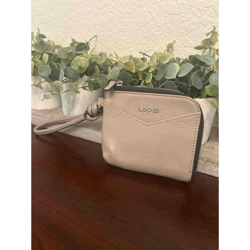 LODIS Italian leather gray wristlet with a top zip closure